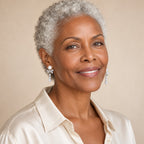Woman in her fifties wearing the Blanche pavé bow pearl drop earrings, hair half up