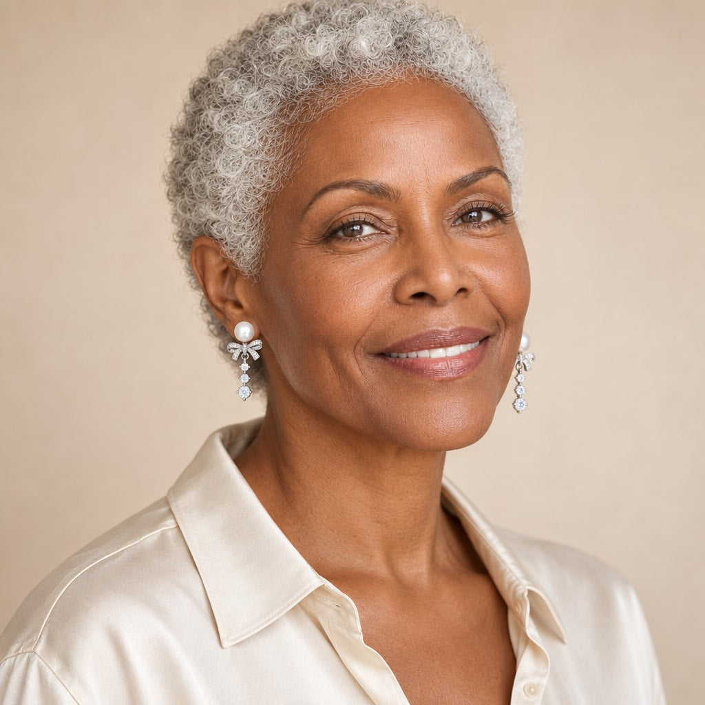 Woman in her fifties wearing the Blanche pavé bow pearl drop earrings, hair half up
