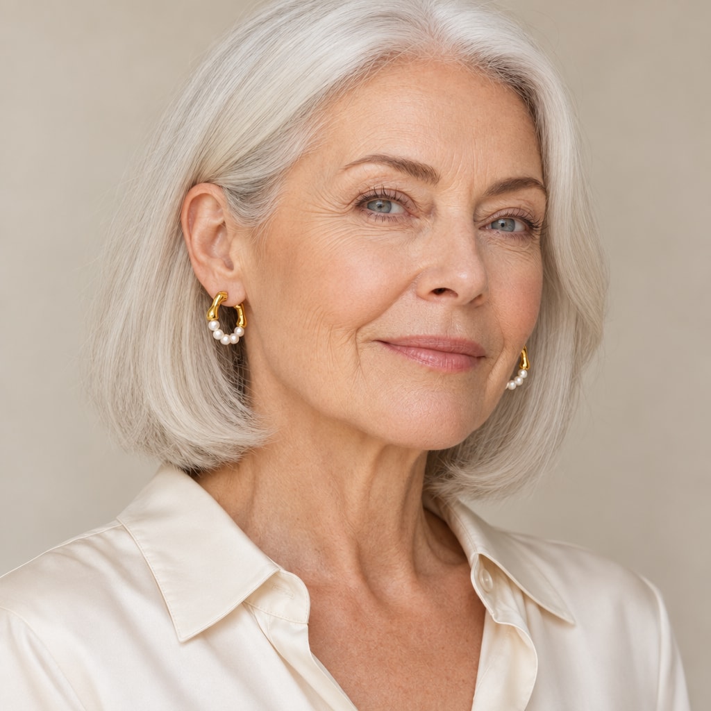 Woman in her forties wearing the Brigitte bamboo pearl hoop earrings, hair pulled back