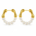 Brigitte bamboo pearl hoop earrings, half-hoops with bamboo-textured tops and 3-4mm white freshwater pearls below