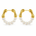 Brigitte bamboo pearl hoop earrings, half-hoops with bamboo-textured tops and 3-4mm white freshwater pearls below