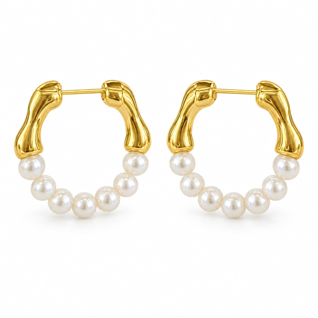 Brigitte bamboo pearl hoop earrings, half-hoops with bamboo-textured tops and 3-4mm white freshwater pearls below