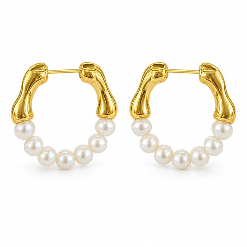 Brigitte bamboo pearl hoop earrings, half-hoops with bamboo-textured tops and 3-4mm white freshwater pearls below
