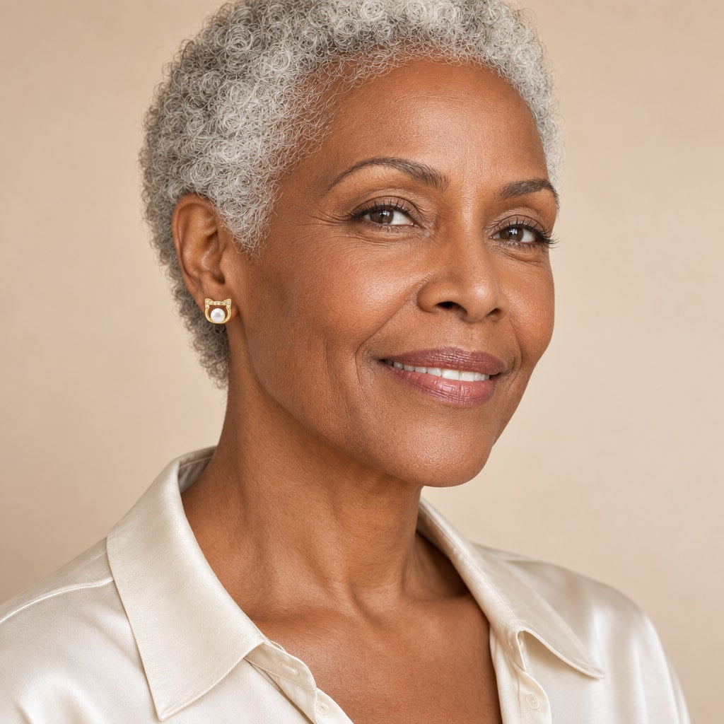 Woman in her thirties wearing the Camilla cat pearl stud earrings, hair tucked behind her ear