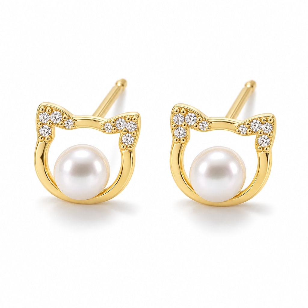 Camilla pearl earrings, cat-face outlines with pavé ears and white button pearls at the center
