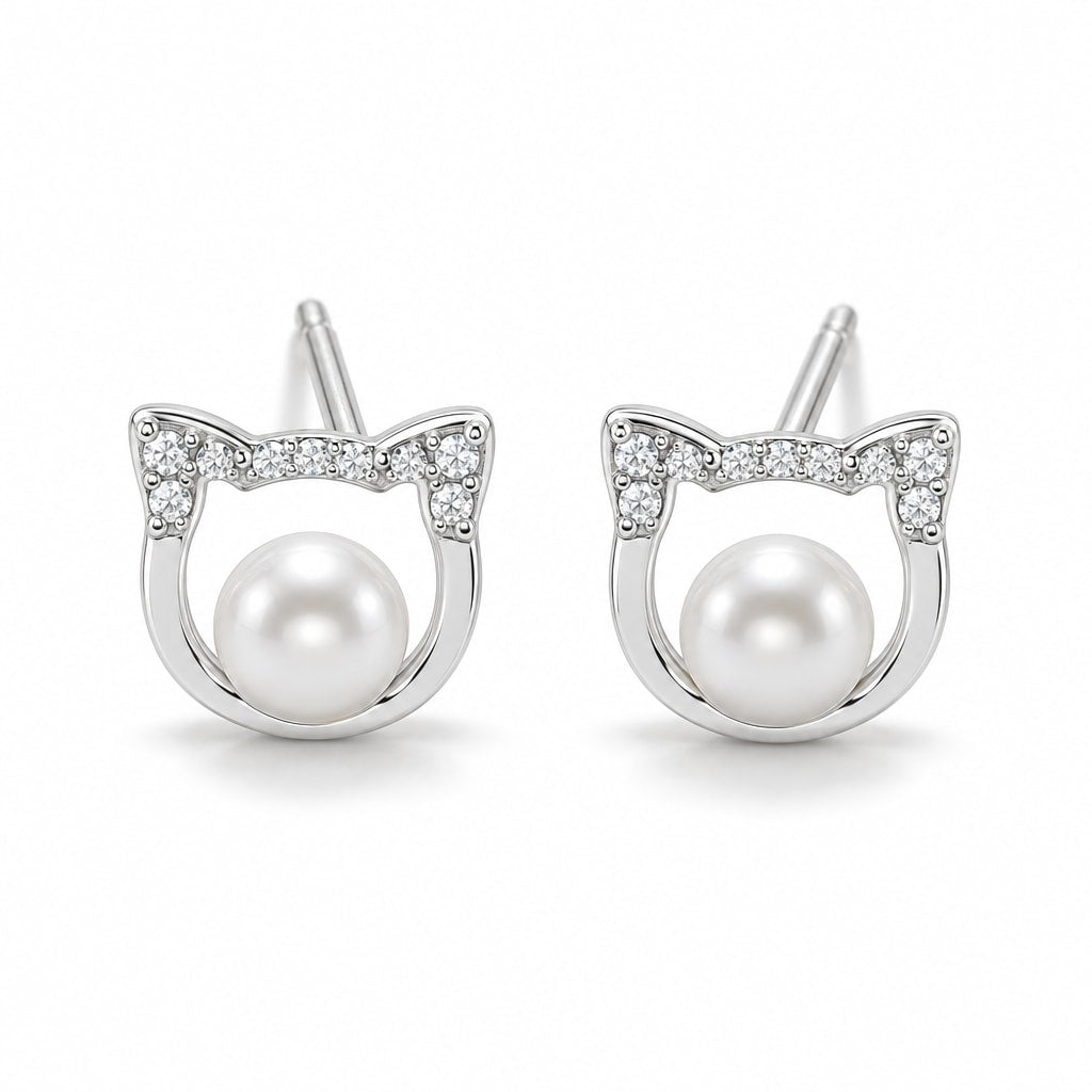 Camilla pearl earrings, cat-face outlines with pavé ears and white button pearls at the center - second finish