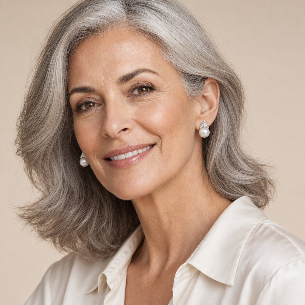 Woman in her sixties wearing the Capucine pavé crown pearl stud earrings, hair down