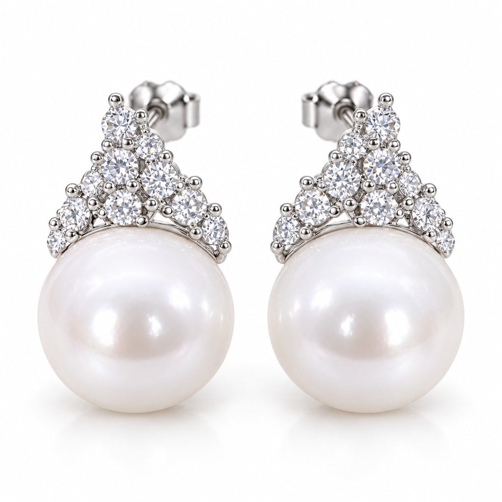 Capucine pavé crown pearl stud earrings, round white freshwater pearls with clear crystal crowns in sterling silver