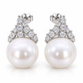 Capucine pavé crown pearl stud earrings, round white freshwater pearls with clear crystal crowns in sterling silver