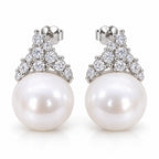 Capucine pavé crown pearl stud earrings, round white freshwater pearls with clear crystal crowns in sterling silver
