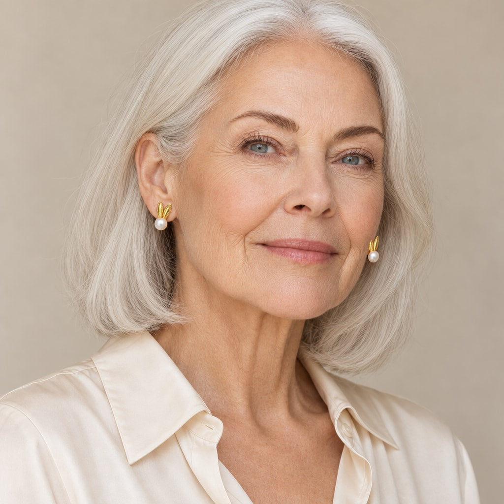 Woman in her forties wearing the Cassandra rabbit ear pearl studs, hair pinned up