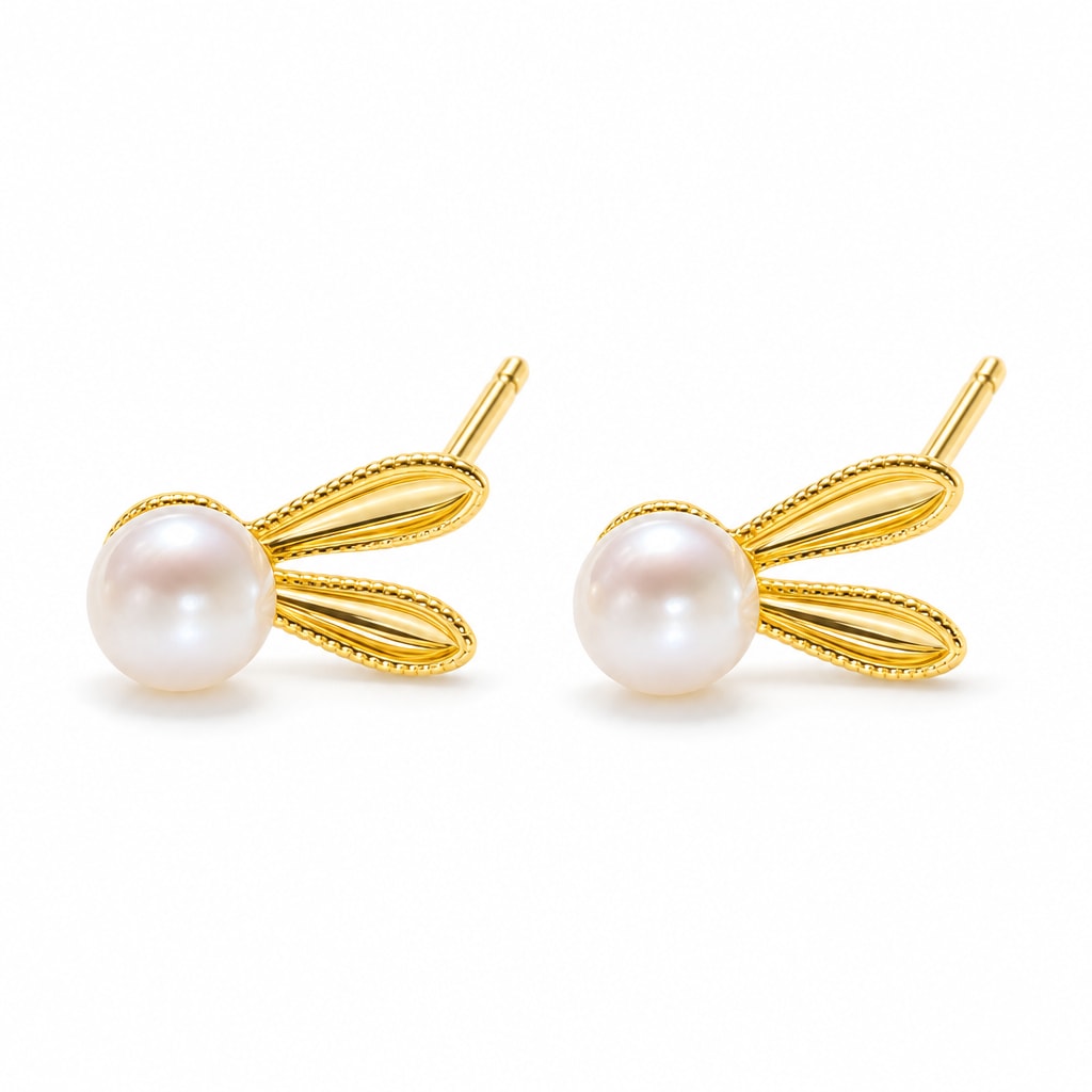 Cassandra pearl earrings, 7-8mm white button pearls with two long ribbed rabbit ears behind