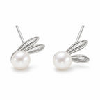 Cassandra pearl earrings, 7-8mm white button pearls with two long ribbed rabbit ears behind - second finish