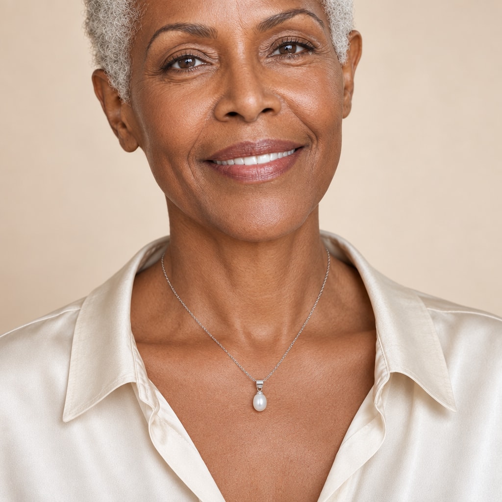 Woman wearing the Catherine rice pearl pendant necklace at the collarbone with an open-neck linen shirt