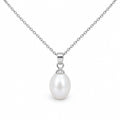 Catherine single white rice pearl pendant necklace in sterling silver on white background