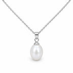 Catherine single white rice pearl pendant necklace in sterling silver on white background
