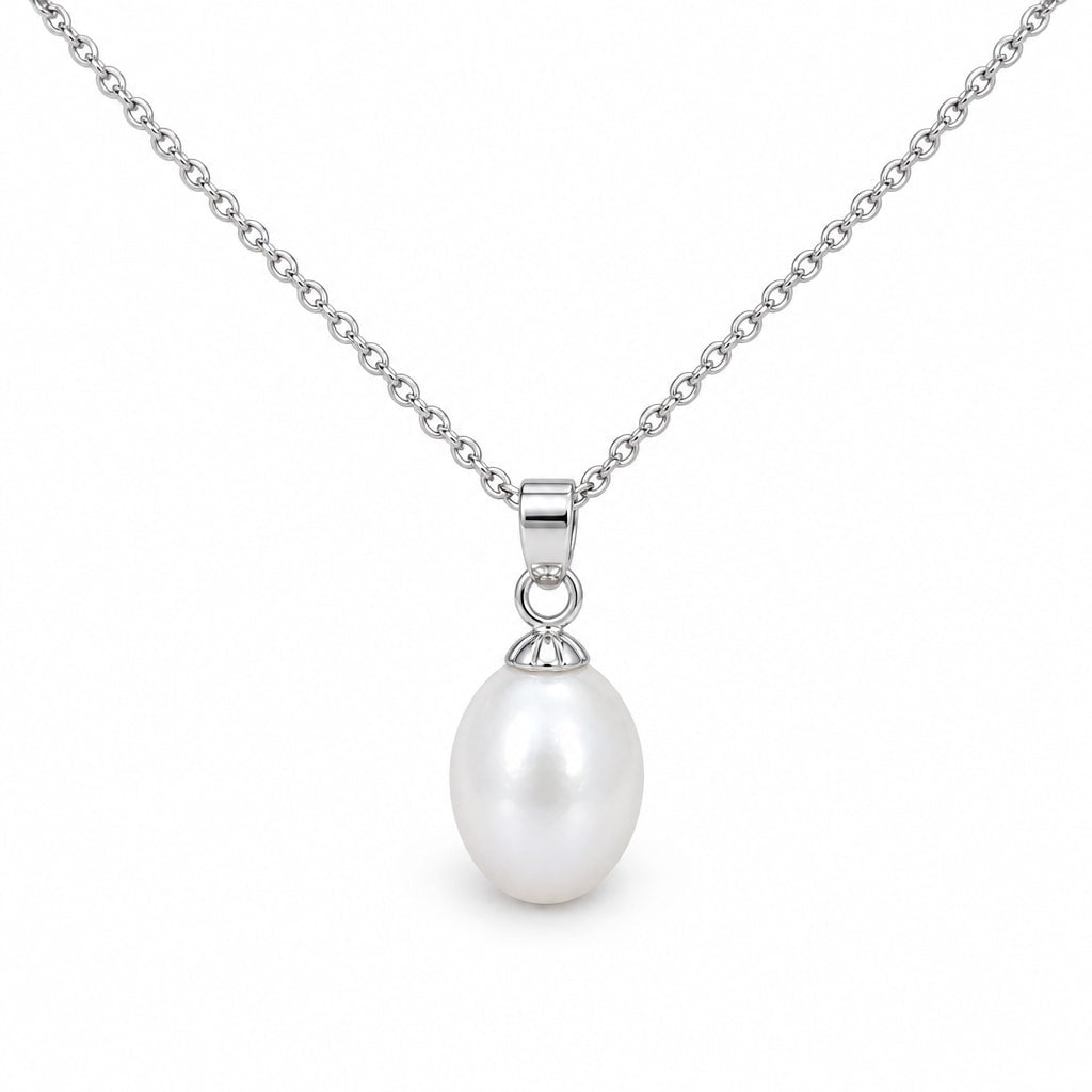Catherine single white rice pearl pendant necklace in sterling silver on white background