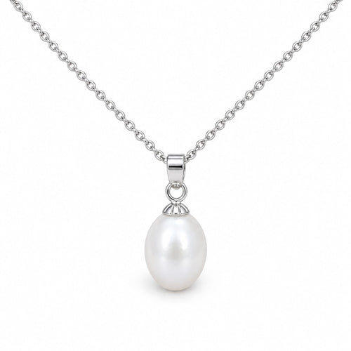 Catherine single white rice pearl pendant necklace in sterling silver on white background