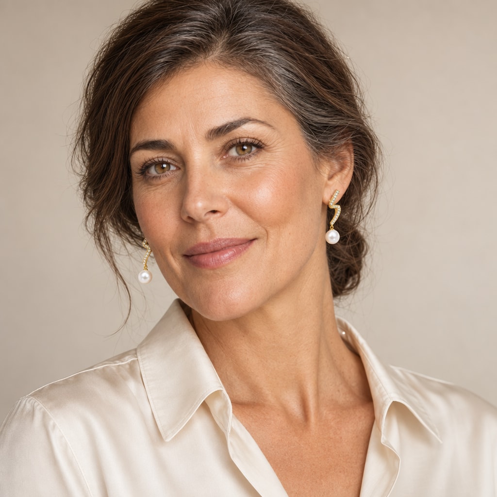 Woman in her thirties wearing the Celine zigzag pearl drop earrings, hair down