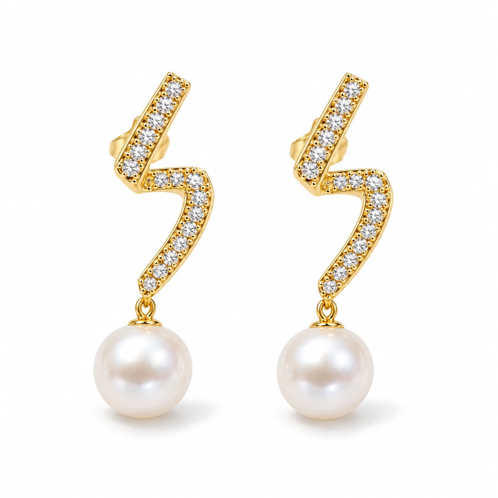 Celine pearl earrings, 7-8mm white button pearls hanging from pavé zigzag bars