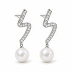 Celine pearl earrings, 7-8mm white button pearls hanging from pavé zigzag bars - second finish