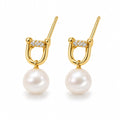 Chantal pearl earrings, 7-8mm white button pearls inside shackle links with pavé bars