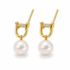 Chantal pearl earrings, 7-8mm white button pearls inside shackle links with pavé bars
