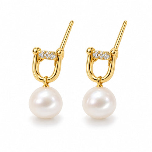 Chantal pearl earrings, 7-8mm white button pearls inside shackle links with pavé bars
