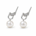 Chantal pearl earrings, 7-8mm white button pearls inside shackle links with pavé bars - second finish