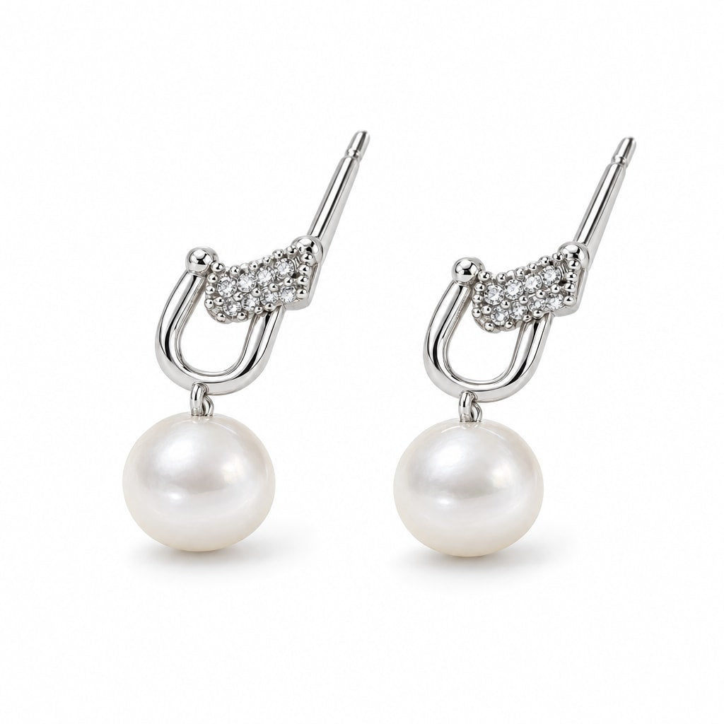 Chantal pearl earrings, 7-8mm white button pearls inside shackle links with pavé bars - second finish