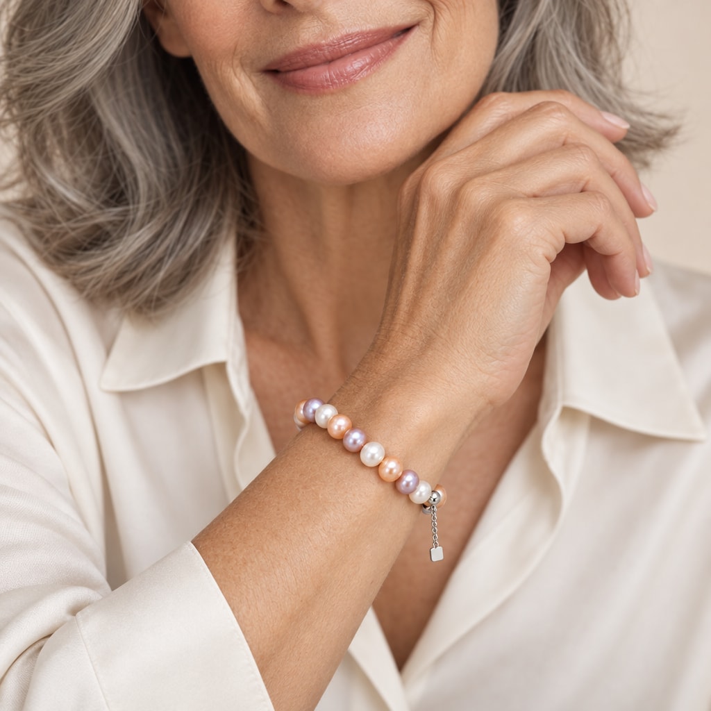 Chiara multicolor freshwater pearl bracelet styled on a blue resin display slab