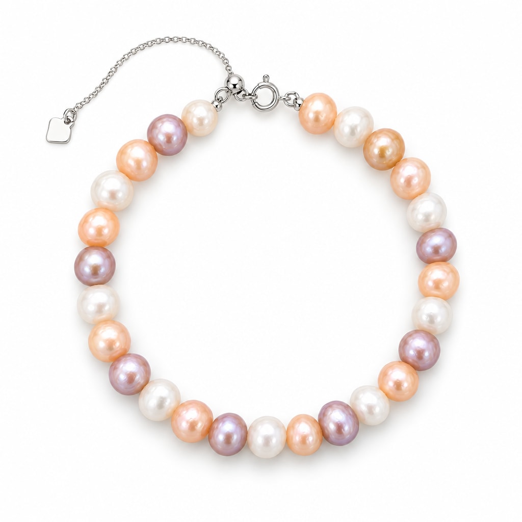 Chiara multicolor freshwater pearl bracelet with silver slider chain and square tag charm, flat lay on light gray