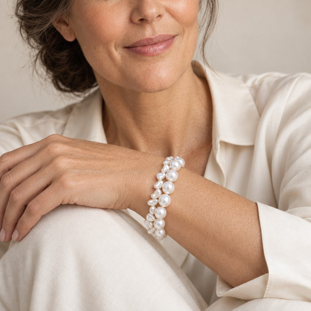 Clara double-strand round and keshi pearl bracelet displayed on a gray pillow