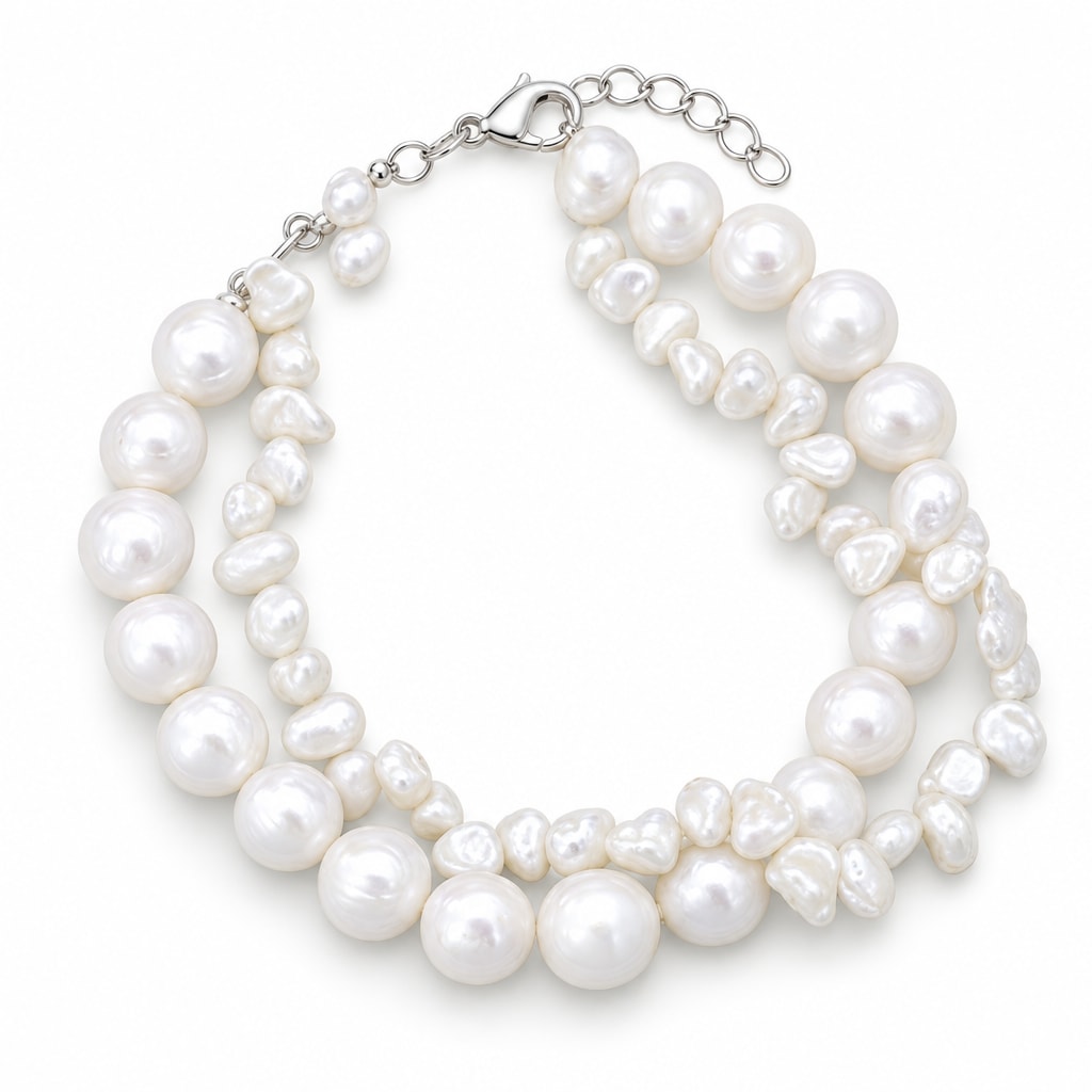 Clara double-strand white freshwater pearl bracelet with a round strand and a keshi strand on a blue resin slab