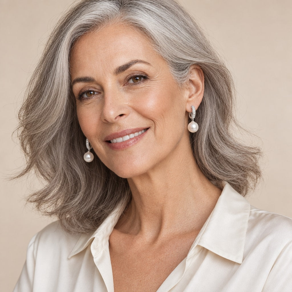 Woman in her sixties wearing the Cornelia pavé huggie pearl drop earrings, hair down
