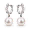 Cornelia pavé huggie pearl drop earrings, 10-11mm white freshwater pearls on sterling silver hinged hoops