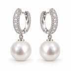 Cornelia pavé huggie pearl drop earrings, 10-11mm white freshwater pearls on sterling silver hinged hoops