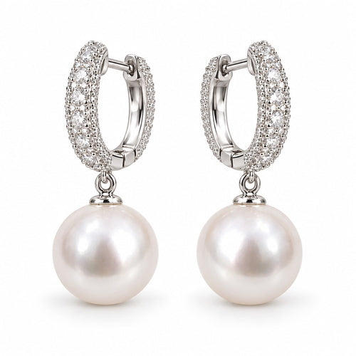 Cornelia pavé huggie pearl drop earrings, 10-11mm white freshwater pearls on sterling silver hinged hoops