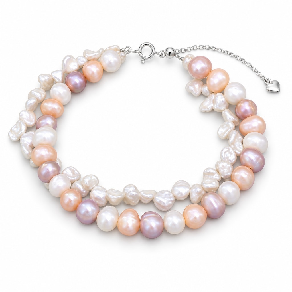 Cosima double-strand bracelet with multicolor potato pearls and white keshi pearls, flat lay on light blue
