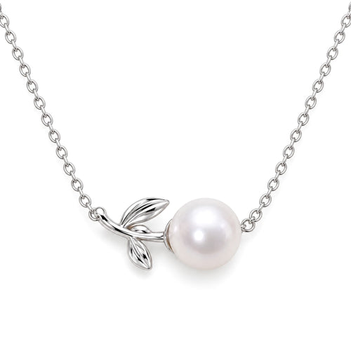 Dagny leaf sprig freshwater pearl station necklace in polished sterling silver on white background