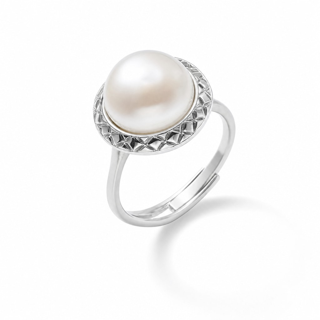 Delia quilted disc pearl ring in gold-plated sterling silver on white background - second finish