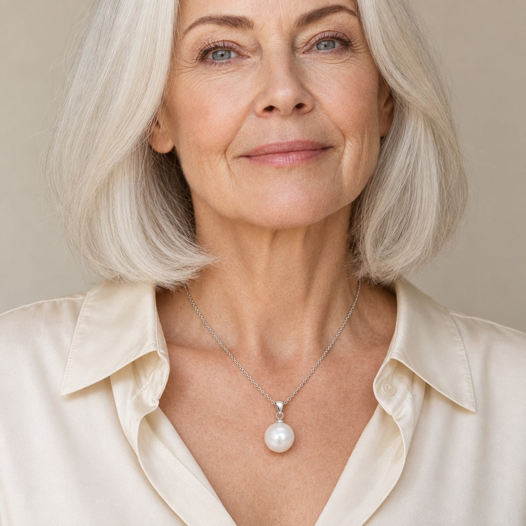 Woman wearing the Diana single pearl pendant necklace at the collarbone with a black boat-neck top