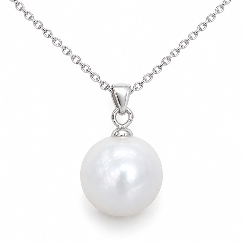 Diana single round white freshwater pearl pendant necklace in polished sterling silver on white background