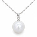 Diana single round white freshwater pearl pendant necklace in polished sterling silver on white background