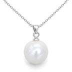 Diana single round white freshwater pearl pendant necklace in polished sterling silver on white background