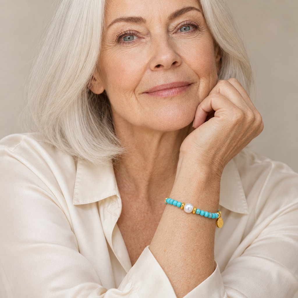 Dorotea turquoise-blue bead and pearl bracelet propped against a driftwood display