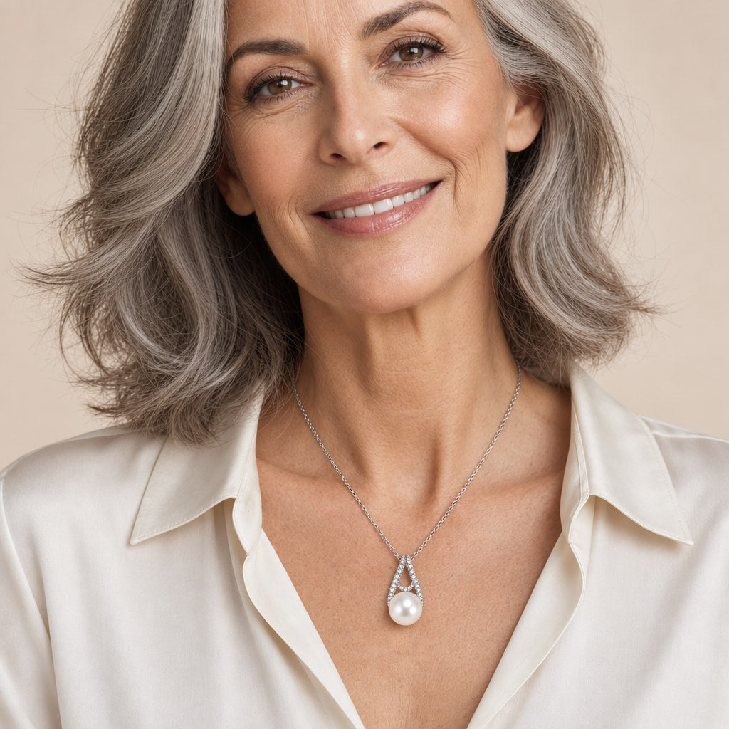 Woman wearing the Edith pavé teardrop pearl pendant necklace at the sternum over a black ribbed top