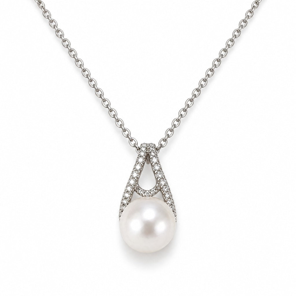 Edith pavé teardrop freshwater pearl pendant necklace in sterling silver on white background