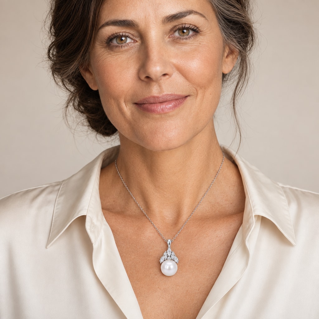 Woman wearing the Elin pavé leaf crown pearl pendant necklace at the sternum with a black crew-neck dress