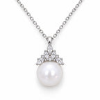 Elin pavé leaf crown freshwater pearl pendant necklace in sterling silver on white background